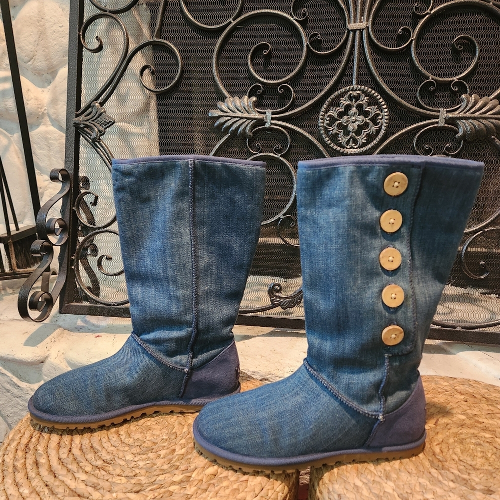UGG Distressed DENIM boots with buttons. NWOT!